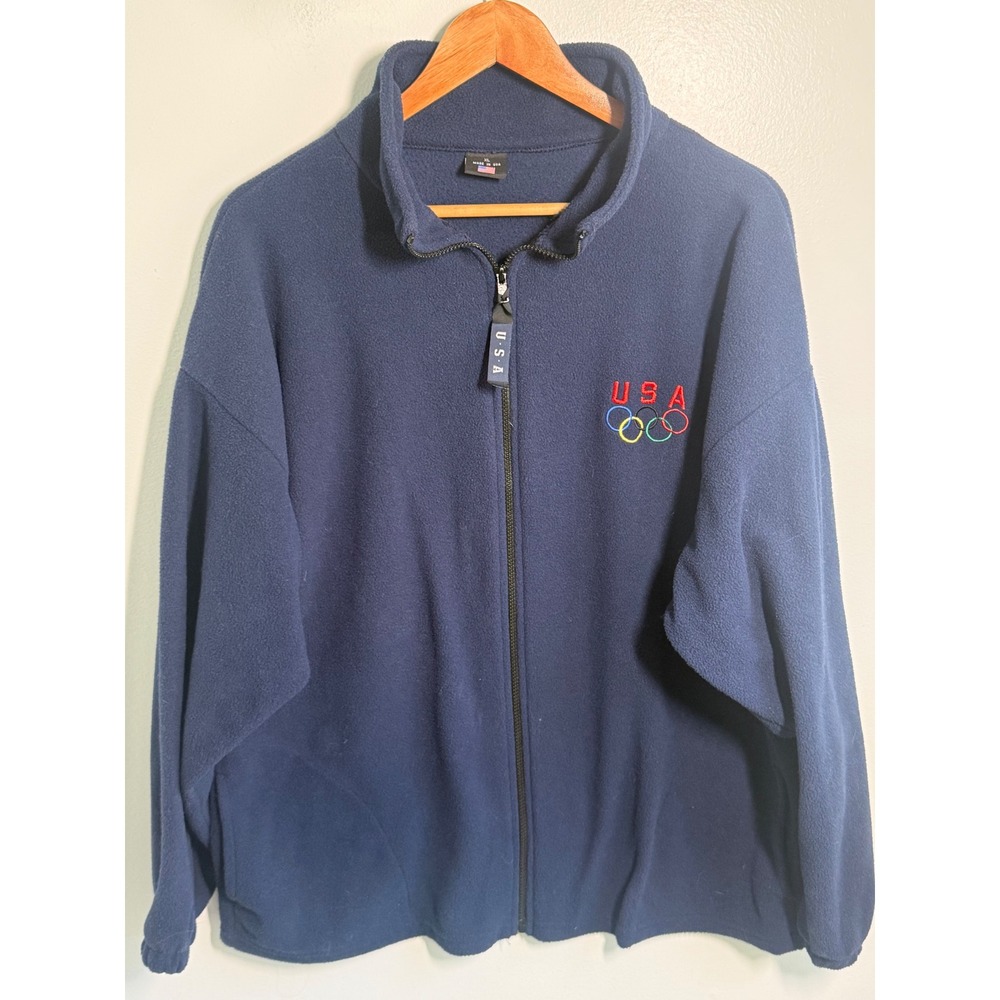 Vintage USA Olympics Fleece Jacket Mens XL Navy Blue Full Zip Made in USA Rings